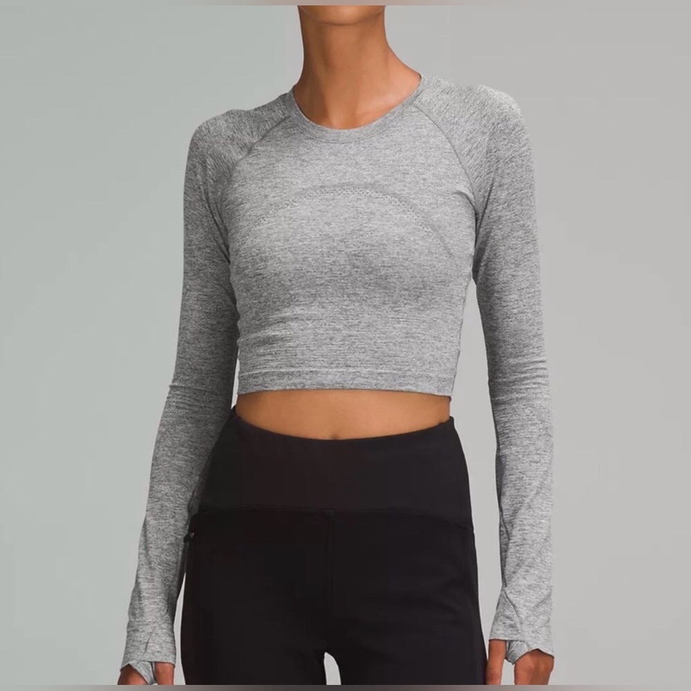 🌼 Lululemon Swiftly Tech 2.0 Slate White Gray Long Sleeve Cropped Top 10